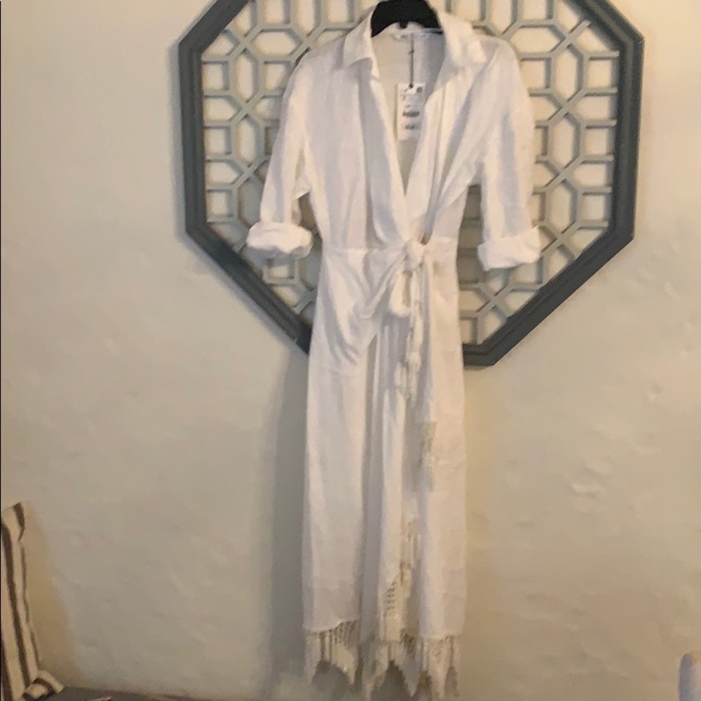 Zara linen maxi dress with tassel trim detail. NWT
